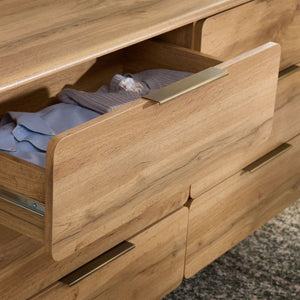 Safavieh Angeria Six Drawer Dresser in Oak Finish with Brass Hardware for Bedroom Storage DRS3100A-2BX