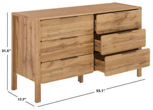 Safavieh Angeria Six Drawer Dresser in Oak Finish with Brass Hardware for Bedroom Storage DRS3100A-2BX