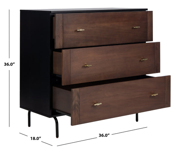 Safavieh Genevieve 3-Drawer Dresser – Retro-Inspired Elegance With Modern Gold Accents For Chic Storage Solutions Walnut/Black/Gold DRS5000A