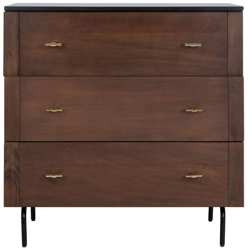 Safavieh Genevieve 3-Drawer Dresser – Retro-Inspired Elegance With Modern Gold Accents For Chic Storage Solutions Walnut/Black/Gold DRS5000A