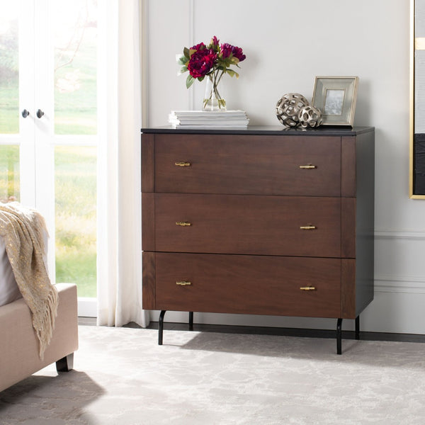 Safavieh Genevieve 3-Drawer Dresser – Retro-Inspired Elegance With Modern Gold Accents For Chic Storage Solutions Walnut/Black/Gold DRS5000A