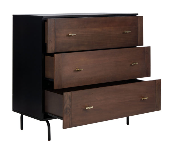 Safavieh Genevieve 3-Drawer Dresser – Retro-Inspired Elegance With Modern Gold Accents For Chic Storage Solutions Walnut/Black/Gold DRS5000A