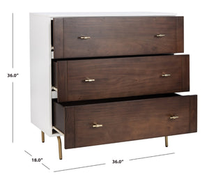 Safavieh Genevieve 3-Drawer Dresser – Retro-Inspired Elegance With Modern Gold Accents For Chic Storage Solutions White/Walnut/Gold DRS5000B