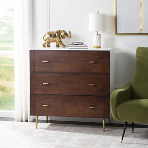 Safavieh Genevieve 3-Drawer Dresser – Retro-Inspired Elegance With Modern Gold Accents For Chic Storage Solutions White/Walnut/Gold DRS5000B