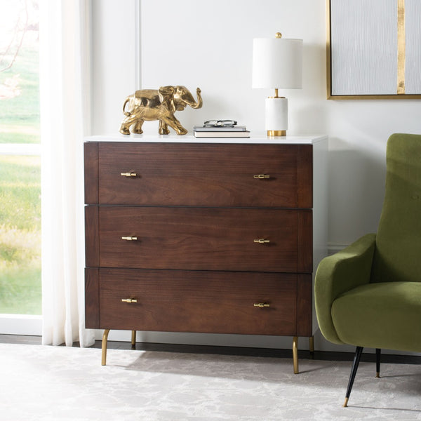 Safavieh Genevieve 3-Drawer Dresser – Retro-Inspired Elegance With Modern Gold Accents For Chic Storage Solutions White/Walnut/Gold DRS5000B