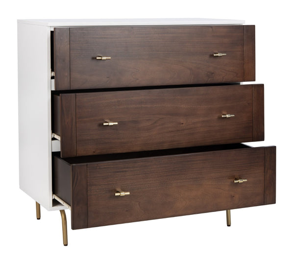 Safavieh Genevieve 3-Drawer Dresser – Retro-Inspired Elegance With Modern Gold Accents For Chic Storage Solutions White/Walnut/Gold DRS5000B