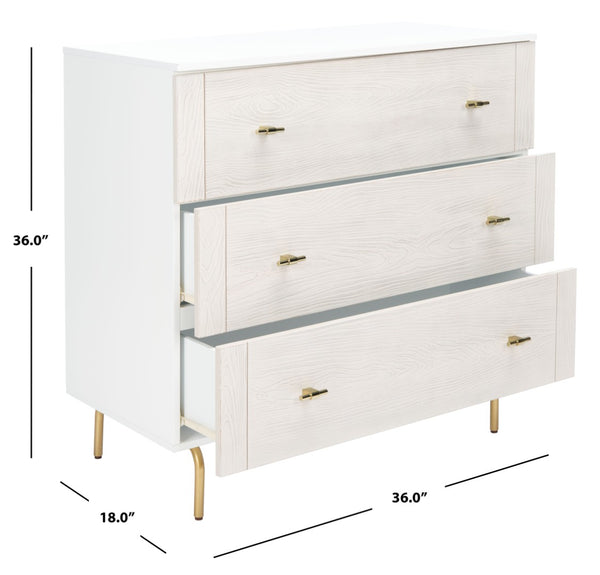Safavieh Genevieve 3-Drawer Dresser – Retro-Inspired Elegance With Modern Gold Accents For Chic Storage Solutions White/White Washed DRS5000D
