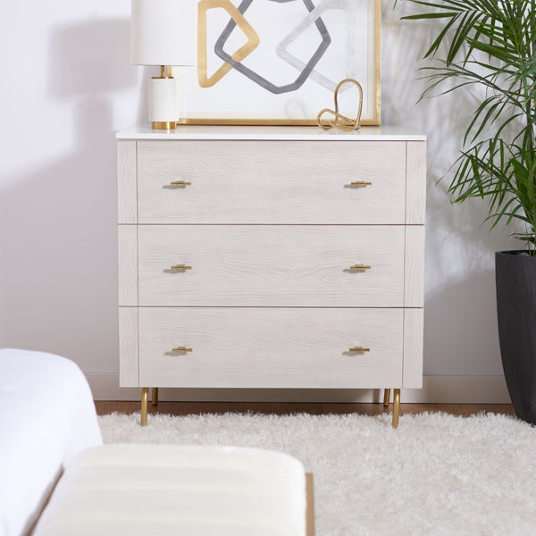 Safavieh Genevieve 3-Drawer Dresser – Retro-Inspired Elegance With Modern Gold Accents For Chic Storage Solutions White/White Washed DRS5000D