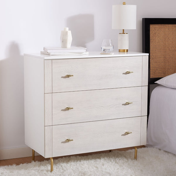 Safavieh Genevieve 3-Drawer Dresser – Retro-Inspired Elegance With Modern Gold Accents For Chic Storage Solutions White/White Washed DRS5000D