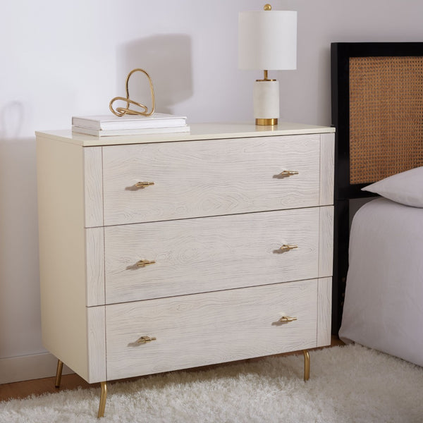 Safavieh Genevieve 3-Drawer Dresser – Retro-Inspired Elegance With Modern Gold Accents For Chic Storage Solutions Cream/White Washed DRS5000E