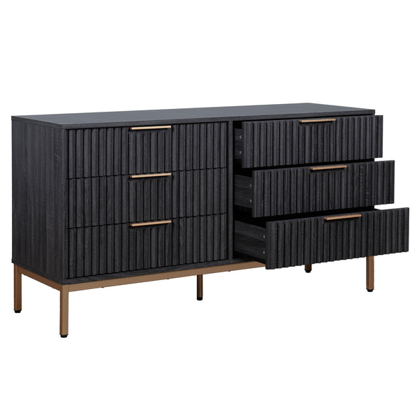 Safavieh Lylia 6 Drawer Dresser - Elegant Walnut Finish With Sleek Black Legs & Handles For Stunning Storage Distressed Black ,Gold Wood,Metal Drs9604e-2bx