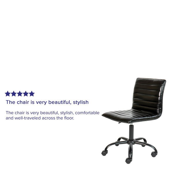 English Elm Alan Low Back Designer Armless Ribbed Swivel Task Chair for Stylish Comfort in Any Workspace Black Vinyl/Black Frame DS-512B-BK-BK-GG