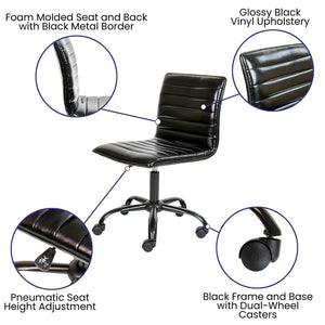 English Elm Alan Low Back Designer Armless Ribbed Swivel Task Chair for Stylish Comfort in Any Workspace Black Vinyl/Black Frame DS-512B-BK-BK-GG