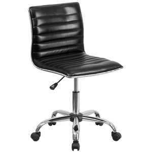 English Elm Alan Low Back Designer Armless Ribbed Swivel Task Chair for Stylish Comfort in Any Workspace Black Vinyl/Chrome Frame DS-512B-BK-GG