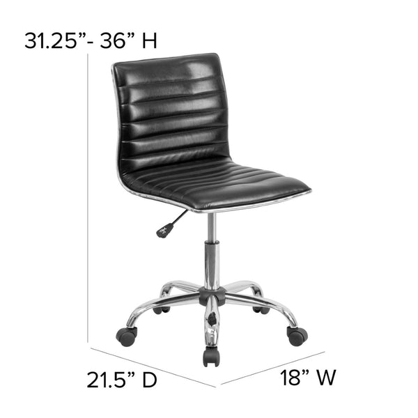 English Elm Alan Low Back Designer Armless Ribbed Swivel Task Chair for Stylish Comfort in Any Workspace Black Vinyl/Chrome Frame DS-512B-BK-GG
