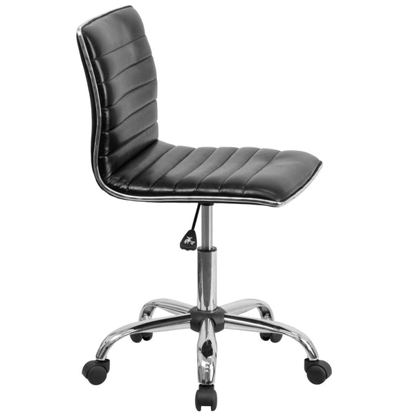 English Elm Alan Low Back Designer Armless Ribbed Swivel Task Chair for Stylish Comfort in Any Workspace Black Vinyl/Chrome Frame DS-512B-BK-GG