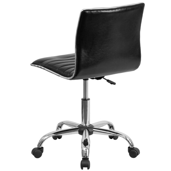 English Elm Alan Low Back Designer Armless Ribbed Swivel Task Chair for Stylish Comfort in Any Workspace Black Vinyl/Chrome Frame DS-512B-BK-GG