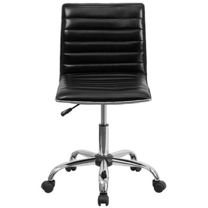 English Elm Alan Low Back Designer Armless Ribbed Swivel Task Chair for Stylish Comfort in Any Workspace Black Vinyl/Chrome Frame DS-512B-BK-GG