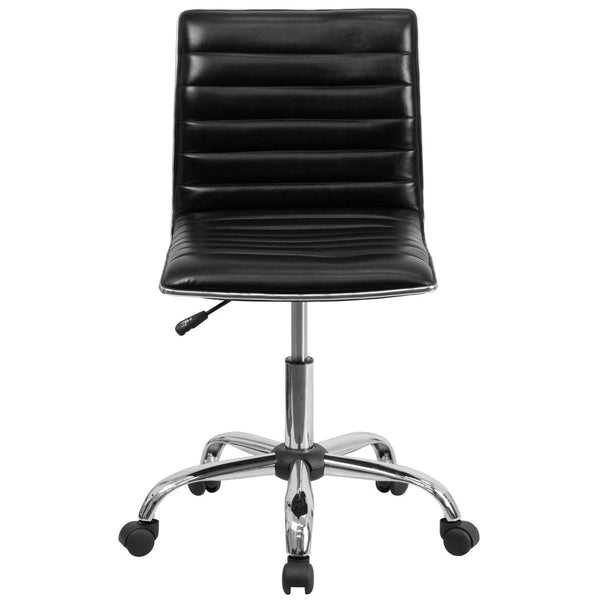 English Elm Alan Low Back Designer Armless Ribbed Swivel Task Chair for Stylish Comfort in Any Workspace Black Vinyl/Chrome Frame DS-512B-BK-GG