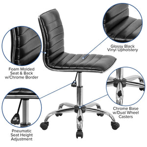 English Elm Alan Low Back Designer Armless Ribbed Swivel Task Chair for Stylish Comfort in Any Workspace Black Vinyl/Chrome Frame DS-512B-BK-GG