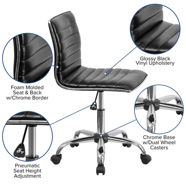 English Elm Alan Low Back Designer Armless Ribbed Swivel Task Chair for Stylish Comfort in Any Workspace Black Vinyl/Chrome Frame DS-512B-BK-GG