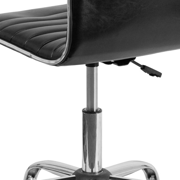 English Elm Alan Low Back Designer Armless Ribbed Swivel Task Chair for Stylish Comfort in Any Workspace Black Vinyl/Chrome Frame DS-512B-BK-GG