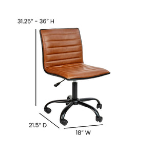 English Elm Alan Low Back Designer Armless Ribbed Swivel Task Chair for Stylish Comfort in Any Workspace Brown Vinyl/Black Frame DS-512B-BR-BK-GG