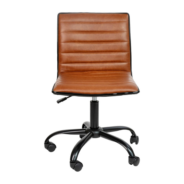 English Elm Alan Low Back Designer Armless Ribbed Swivel Task Chair for Stylish Comfort in Any Workspace Brown Vinyl/Black Frame DS-512B-BR-BK-GG