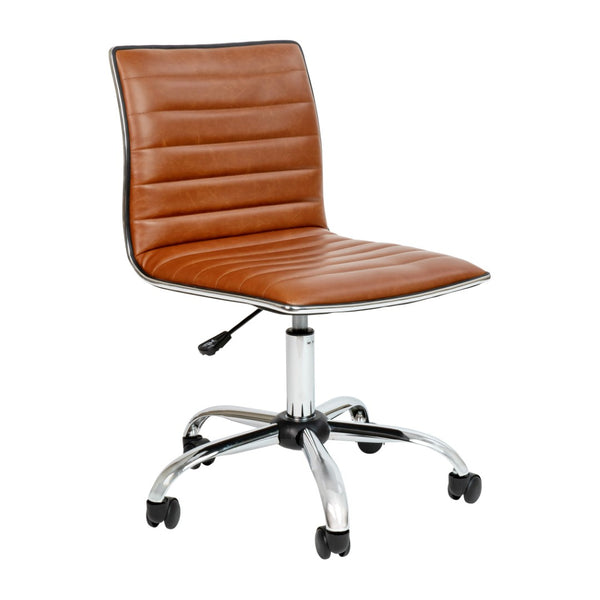 English Elm Alan Low Back Designer Armless Ribbed Swivel Task Chair for Stylish Comfort in Any Workspace Brown Vinyl/Chrome Frame DS-512B-BR-GG