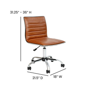 English Elm Alan Low Back Designer Armless Ribbed Swivel Task Chair for Stylish Comfort in Any Workspace Brown Vinyl/Chrome Frame DS-512B-BR-GG