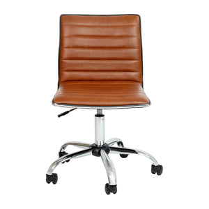 English Elm Alan Low Back Designer Armless Ribbed Swivel Task Chair for Stylish Comfort in Any Workspace Brown Vinyl/Chrome Frame DS-512B-BR-GG