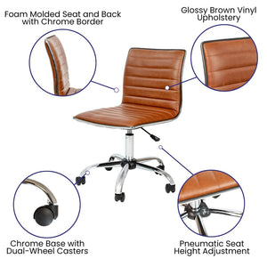 English Elm Alan Low Back Designer Armless Ribbed Swivel Task Chair for Stylish Comfort in Any Workspace Brown Vinyl/Chrome Frame DS-512B-BR-GG
