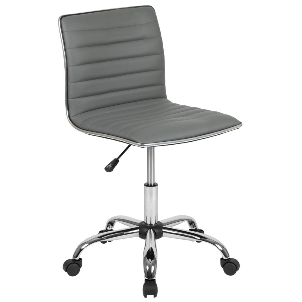 English Elm Alan Low Back Designer Armless Ribbed Swivel Task Chair for Stylish Comfort in Any Workspace Light Gray Vinyl/Chrome Frame DS-512B-LTGY-GG