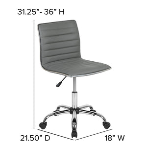 English Elm Alan Low Back Designer Armless Ribbed Swivel Task Chair for Stylish Comfort in Any Workspace Light Gray Vinyl/Chrome Frame DS-512B-LTGY-GG