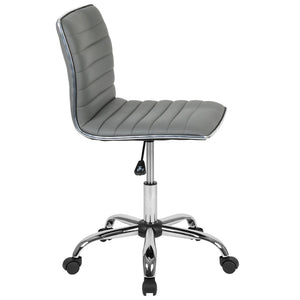 English Elm Alan Low Back Designer Armless Ribbed Swivel Task Chair for Stylish Comfort in Any Workspace Light Gray Vinyl/Chrome Frame DS-512B-LTGY-GG