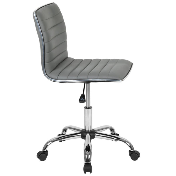 English Elm Alan Low Back Designer Armless Ribbed Swivel Task Chair for Stylish Comfort in Any Workspace Light Gray Vinyl/Chrome Frame DS-512B-LTGY-GG