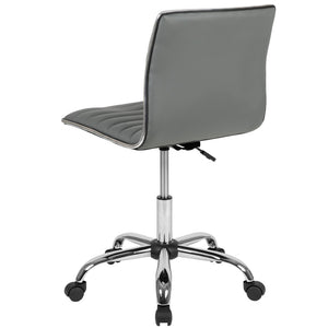 English Elm Alan Low Back Designer Armless Ribbed Swivel Task Chair for Stylish Comfort in Any Workspace Light Gray Vinyl/Chrome Frame DS-512B-LTGY-GG