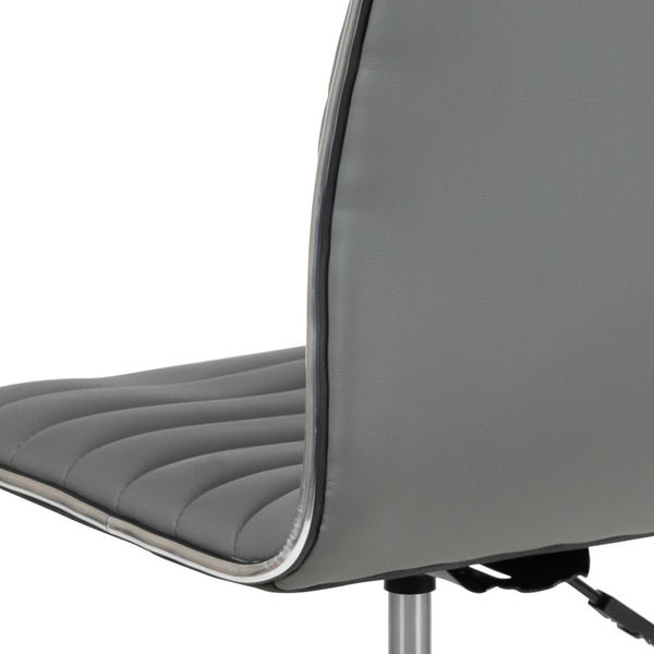 English Elm Alan Low Back Designer Armless Ribbed Swivel Task Chair for Stylish Comfort in Any Workspace Light Gray Vinyl/Chrome Frame DS-512B-LTGY-GG