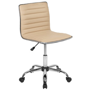 English Elm Alan Low Back Designer Armless Ribbed Swivel Task Chair for Stylish Comfort in Any Workspace Tan Vinyl/Chrome Frame DS-512B-TAN-GG