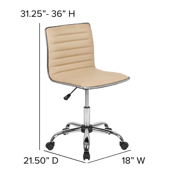 English Elm Alan Low Back Designer Armless Ribbed Swivel Task Chair for Stylish Comfort in Any Workspace Tan Vinyl/Chrome Frame DS-512B-TAN-GG