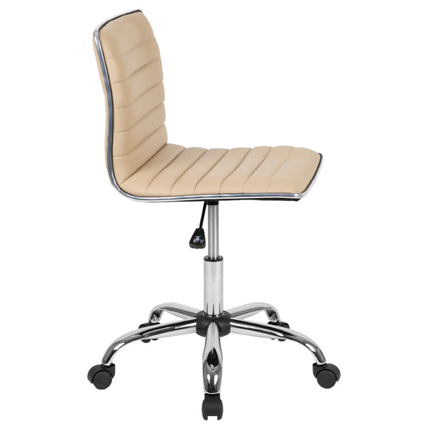 English Elm Alan Low Back Designer Armless Ribbed Swivel Task Chair for Stylish Comfort in Any Workspace Tan Vinyl/Chrome Frame DS-512B-TAN-GG