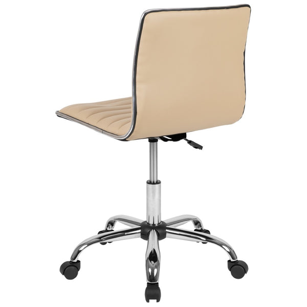 English Elm Alan Low Back Designer Armless Ribbed Swivel Task Chair for Stylish Comfort in Any Workspace Tan Vinyl/Chrome Frame DS-512B-TAN-GG