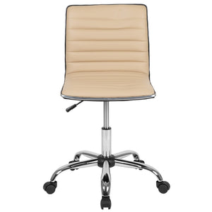 English Elm Alan Low Back Designer Armless Ribbed Swivel Task Chair for Stylish Comfort in Any Workspace Tan Vinyl/Chrome Frame DS-512B-TAN-GG