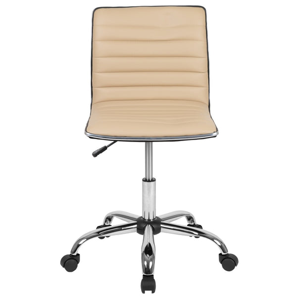English Elm Alan Low Back Designer Armless Ribbed Swivel Task Chair for Stylish Comfort in Any Workspace Tan Vinyl/Chrome Frame DS-512B-TAN-GG