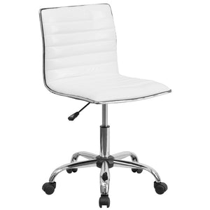 English Elm Alan Low Back Designer Armless Ribbed Swivel Task Chair for Stylish Comfort in Any Workspace White Vinyl/Chrome Frame DS-512B-WH-GG