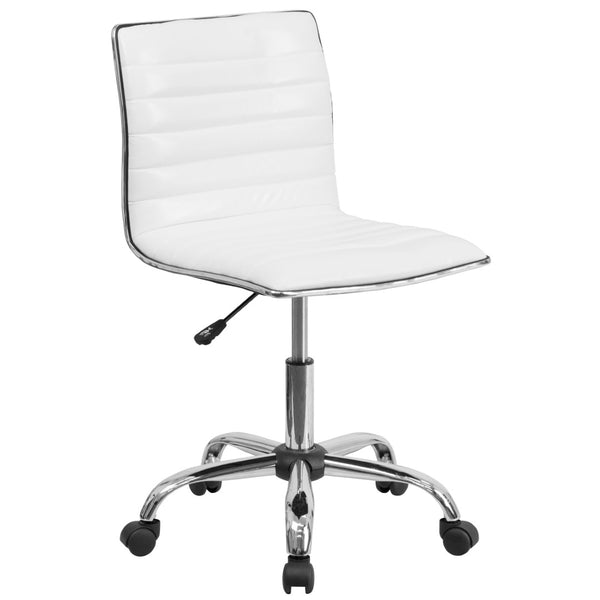 English Elm Alan Low Back Designer Armless Ribbed Swivel Task Chair for Stylish Comfort in Any Workspace White Vinyl/Chrome Frame DS-512B-WH-GG
