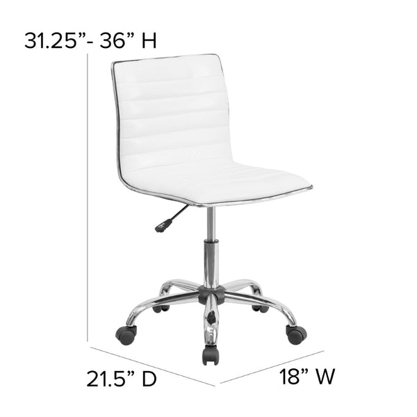 English Elm Alan Low Back Designer Armless Ribbed Swivel Task Chair for Stylish Comfort in Any Workspace White Vinyl/Chrome Frame DS-512B-WH-GG