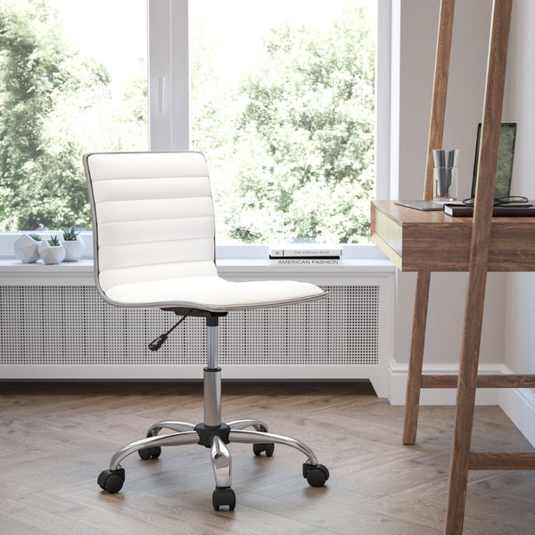 English Elm Alan Low Back Designer Armless Ribbed Swivel Task Chair for Stylish Comfort in Any Workspace White Vinyl/Chrome Frame DS-512B-WH-GG