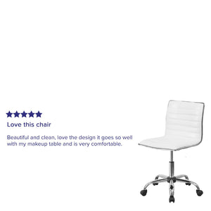 English Elm Alan Low Back Designer Armless Ribbed Swivel Task Chair for Stylish Comfort in Any Workspace White Vinyl/Chrome Frame DS-512B-WH-GG