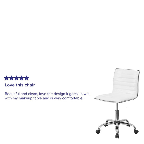 English Elm Alan Low Back Designer Armless Ribbed Swivel Task Chair for Stylish Comfort in Any Workspace White Vinyl/Chrome Frame DS-512B-WH-GG